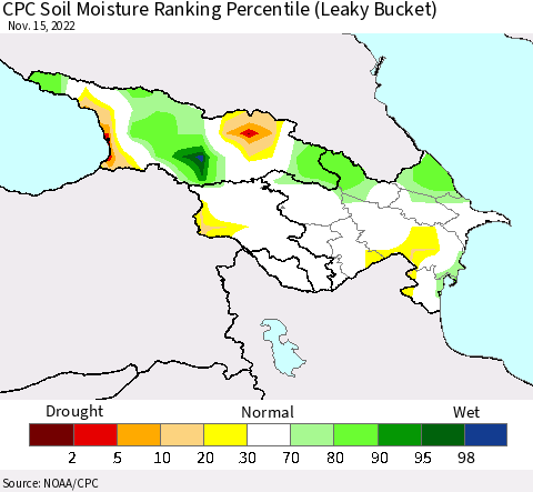 Azerbaijan, Armenia and Georgia CPC Soil Moisture Ranking Percentile (Leaky Bucket) Thematic Map For 11/11/2022 - 11/15/2022
