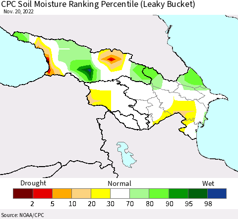 Azerbaijan, Armenia and Georgia CPC Soil Moisture Ranking Percentile (Leaky Bucket) Thematic Map For 11/16/2022 - 11/20/2022