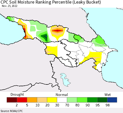 Azerbaijan, Armenia and Georgia CPC Soil Moisture Ranking Percentile (Leaky Bucket) Thematic Map For 11/21/2022 - 11/25/2022