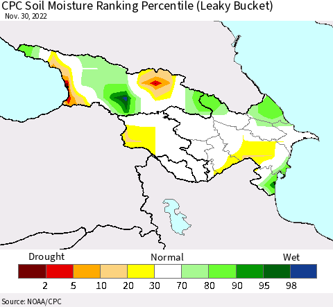 Azerbaijan, Armenia and Georgia CPC Soil Moisture Ranking Percentile (Leaky Bucket) Thematic Map For 11/26/2022 - 11/30/2022