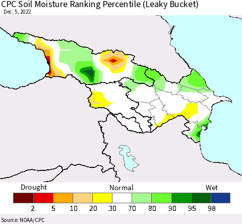 Azerbaijan, Armenia and Georgia CPC Soil Moisture Ranking Percentile (Leaky Bucket) Thematic Map For 12/1/2022 - 12/5/2022