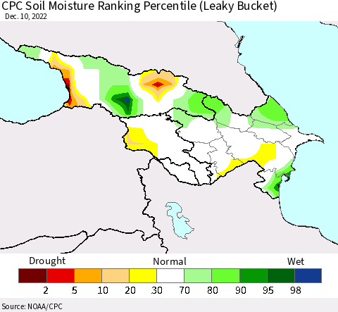 Azerbaijan, Armenia and Georgia CPC Soil Moisture Ranking Percentile (Leaky Bucket) Thematic Map For 12/6/2022 - 12/10/2022