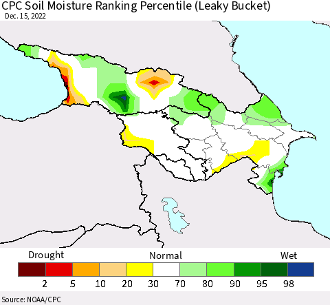 Azerbaijan, Armenia and Georgia CPC Soil Moisture Ranking Percentile (Leaky Bucket) Thematic Map For 12/11/2022 - 12/15/2022