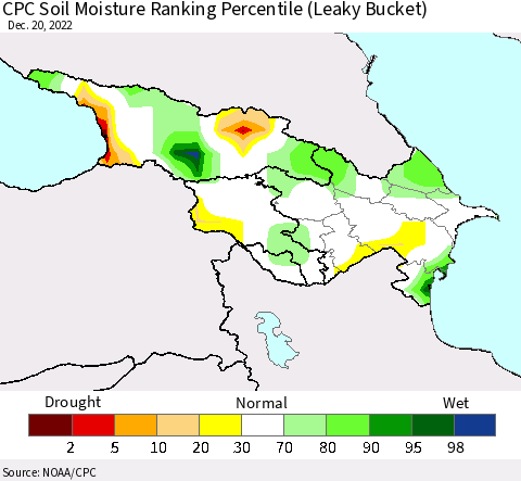 Azerbaijan, Armenia and Georgia CPC Soil Moisture Ranking Percentile (Leaky Bucket) Thematic Map For 12/16/2022 - 12/20/2022