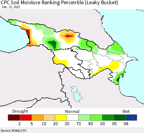 Azerbaijan, Armenia and Georgia CPC Soil Moisture Ranking Percentile (Leaky Bucket) Thematic Map For 12/26/2022 - 12/31/2022