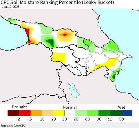 Azerbaijan, Armenia and Georgia CPC Soil Moisture Ranking Percentile (Leaky Bucket) Thematic Map For 1/6/2023 - 1/10/2023