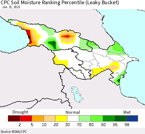 Azerbaijan, Armenia and Georgia CPC Soil Moisture Ranking Percentile (Leaky Bucket) Thematic Map For 1/26/2023 - 1/31/2023