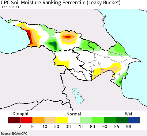 Azerbaijan, Armenia and Georgia CPC Soil Moisture Ranking Percentile (Leaky Bucket) Thematic Map For 2/1/2023 - 2/5/2023