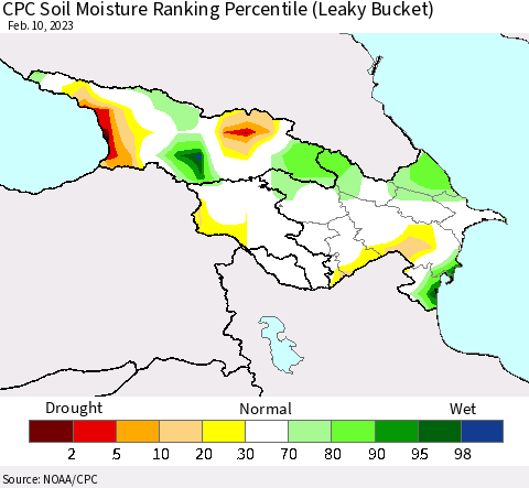 Azerbaijan, Armenia and Georgia CPC Soil Moisture Ranking Percentile (Leaky Bucket) Thematic Map For 2/6/2023 - 2/10/2023