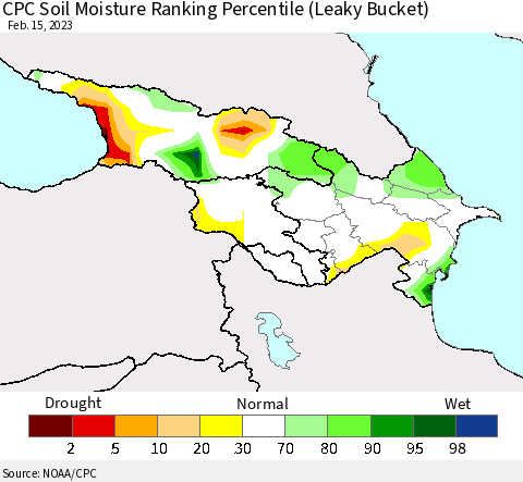 Azerbaijan, Armenia and Georgia CPC Soil Moisture Ranking Percentile (Leaky Bucket) Thematic Map For 2/11/2023 - 2/15/2023