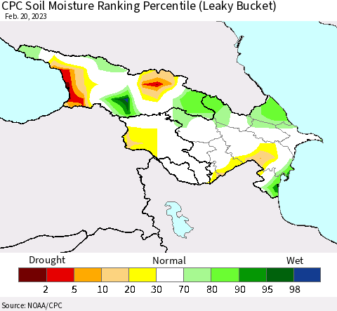 Azerbaijan, Armenia and Georgia CPC Soil Moisture Ranking Percentile (Leaky Bucket) Thematic Map For 2/16/2023 - 2/20/2023