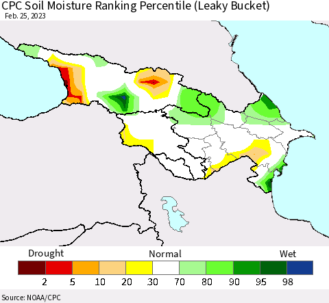 Azerbaijan, Armenia and Georgia CPC Soil Moisture Ranking Percentile (Leaky Bucket) Thematic Map For 2/21/2023 - 2/25/2023