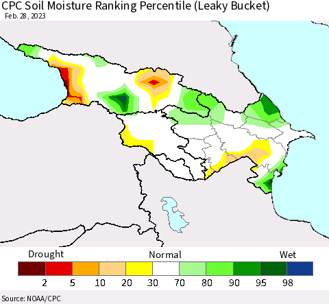 Azerbaijan, Armenia and Georgia CPC Soil Moisture Ranking Percentile (Leaky Bucket) Thematic Map For 2/26/2023 - 2/28/2023