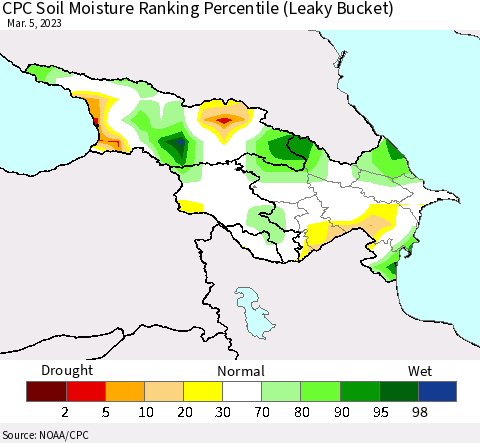 Azerbaijan, Armenia and Georgia CPC Soil Moisture Ranking Percentile (Leaky Bucket) Thematic Map For 3/1/2023 - 3/5/2023