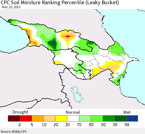 Azerbaijan, Armenia and Georgia CPC Soil Moisture Ranking Percentile (Leaky Bucket) Thematic Map For 3/6/2023 - 3/10/2023