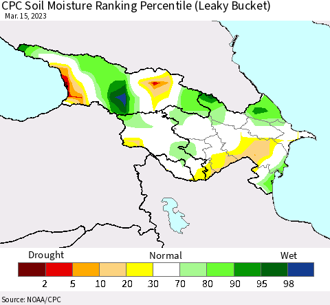 Azerbaijan, Armenia and Georgia CPC Soil Moisture Ranking Percentile (Leaky Bucket) Thematic Map For 3/11/2023 - 3/15/2023