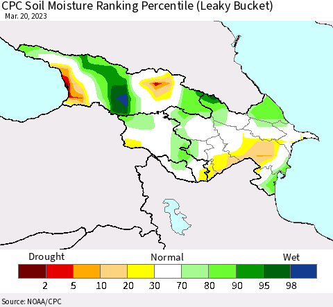 Azerbaijan, Armenia and Georgia CPC Soil Moisture Ranking Percentile (Leaky Bucket) Thematic Map For 3/16/2023 - 3/20/2023
