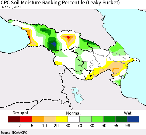 Azerbaijan, Armenia and Georgia CPC Soil Moisture Ranking Percentile (Leaky Bucket) Thematic Map For 3/21/2023 - 3/25/2023