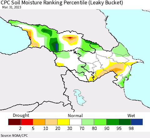 Azerbaijan, Armenia and Georgia CPC Soil Moisture Ranking Percentile (Leaky Bucket) Thematic Map For 3/26/2023 - 3/31/2023