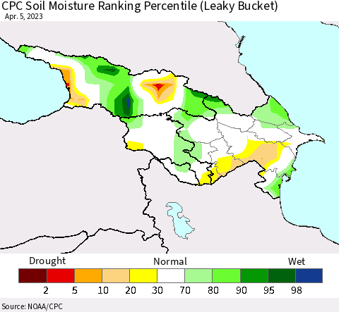 Azerbaijan, Armenia and Georgia CPC Soil Moisture Ranking Percentile (Leaky Bucket) Thematic Map For 4/1/2023 - 4/5/2023