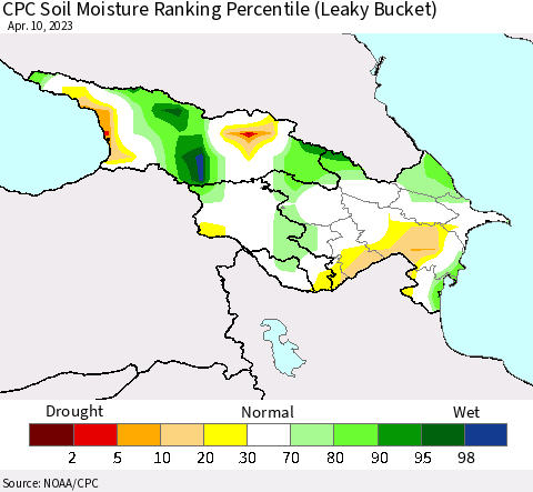 Azerbaijan, Armenia and Georgia CPC Soil Moisture Ranking Percentile (Leaky Bucket) Thematic Map For 4/6/2023 - 4/10/2023