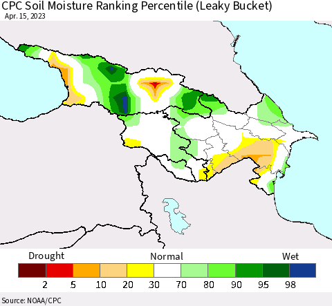 Azerbaijan, Armenia and Georgia CPC Soil Moisture Ranking Percentile (Leaky Bucket) Thematic Map For 4/11/2023 - 4/15/2023