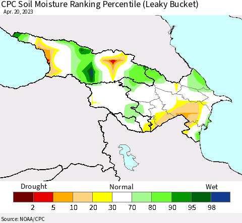 Azerbaijan, Armenia and Georgia CPC Soil Moisture Ranking Percentile (Leaky Bucket) Thematic Map For 4/16/2023 - 4/20/2023
