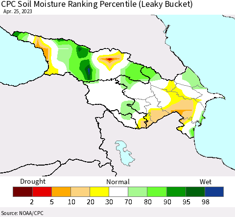 Azerbaijan, Armenia and Georgia CPC Soil Moisture Ranking Percentile (Leaky Bucket) Thematic Map For 4/21/2023 - 4/25/2023