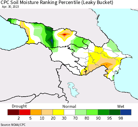 Azerbaijan, Armenia and Georgia CPC Soil Moisture Ranking Percentile (Leaky Bucket) Thematic Map For 4/26/2023 - 4/30/2023
