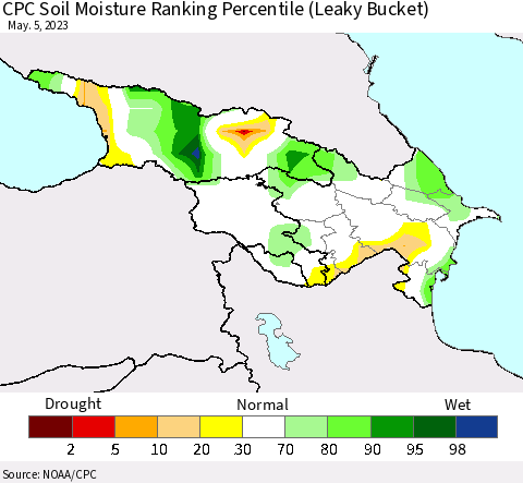 Azerbaijan, Armenia and Georgia CPC Soil Moisture Ranking Percentile (Leaky Bucket) Thematic Map For 5/1/2023 - 5/5/2023