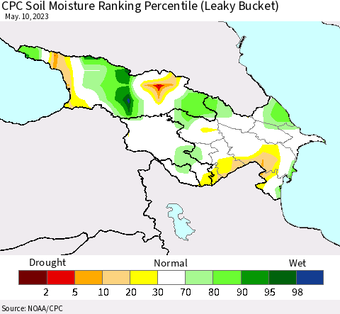 Azerbaijan, Armenia and Georgia CPC Soil Moisture Ranking Percentile (Leaky Bucket) Thematic Map For 5/6/2023 - 5/10/2023