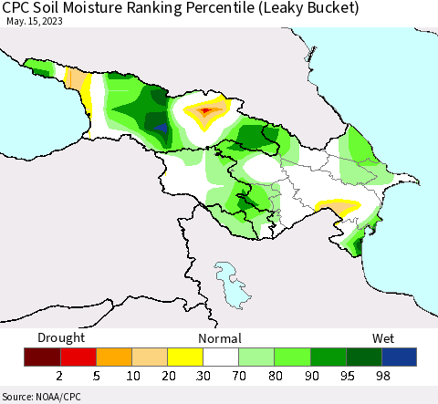 Azerbaijan, Armenia and Georgia CPC Soil Moisture Ranking Percentile (Leaky Bucket) Thematic Map For 5/11/2023 - 5/15/2023