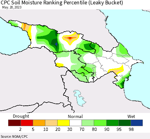 Azerbaijan, Armenia and Georgia CPC Soil Moisture Ranking Percentile (Leaky Bucket) Thematic Map For 5/16/2023 - 5/20/2023