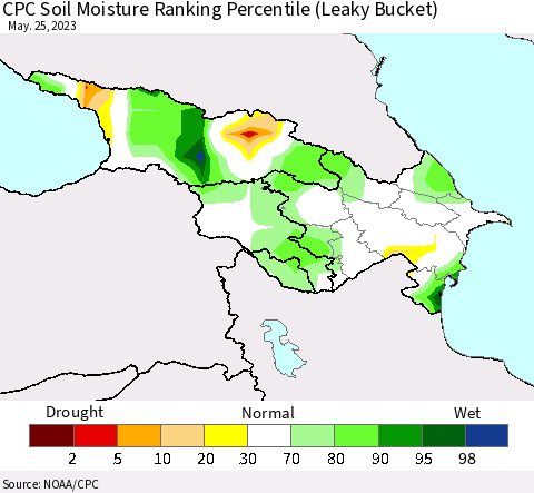 Azerbaijan, Armenia and Georgia CPC Soil Moisture Ranking Percentile (Leaky Bucket) Thematic Map For 5/21/2023 - 5/25/2023