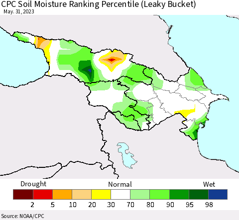Azerbaijan, Armenia and Georgia CPC Soil Moisture Ranking Percentile (Leaky Bucket) Thematic Map For 5/26/2023 - 5/31/2023