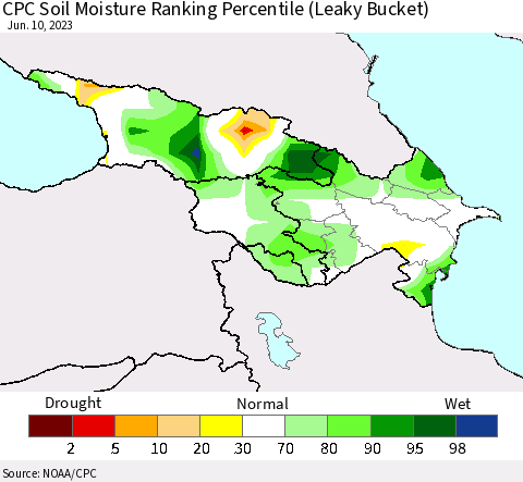 Azerbaijan, Armenia and Georgia CPC Soil Moisture Ranking Percentile (Leaky Bucket) Thematic Map For 6/6/2023 - 6/10/2023