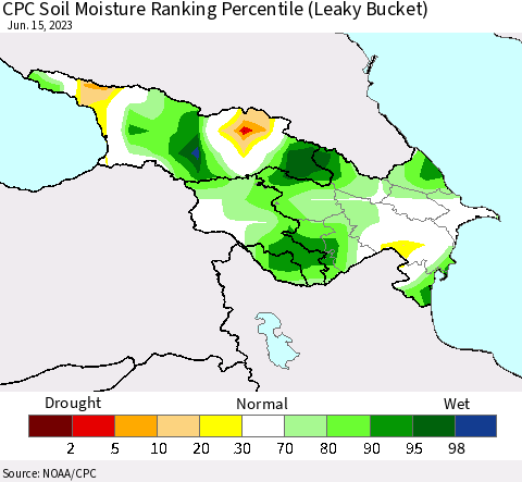 Azerbaijan, Armenia and Georgia CPC Soil Moisture Ranking Percentile (Leaky Bucket) Thematic Map For 6/11/2023 - 6/15/2023