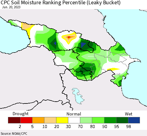 Azerbaijan, Armenia and Georgia CPC Soil Moisture Ranking Percentile (Leaky Bucket) Thematic Map For 6/16/2023 - 6/20/2023