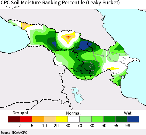 Azerbaijan, Armenia and Georgia CPC Soil Moisture Ranking Percentile (Leaky Bucket) Thematic Map For 6/21/2023 - 6/25/2023