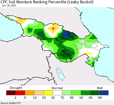 Azerbaijan, Armenia and Georgia CPC Soil Moisture Ranking Percentile (Leaky Bucket) Thematic Map For 6/26/2023 - 6/30/2023