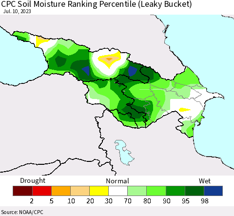 Azerbaijan, Armenia and Georgia CPC Soil Moisture Ranking Percentile (Leaky Bucket) Thematic Map For 7/6/2023 - 7/10/2023