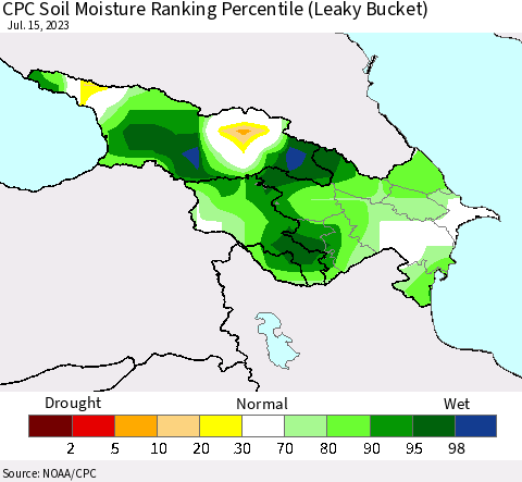 Azerbaijan, Armenia and Georgia CPC Soil Moisture Ranking Percentile (Leaky Bucket) Thematic Map For 7/11/2023 - 7/15/2023