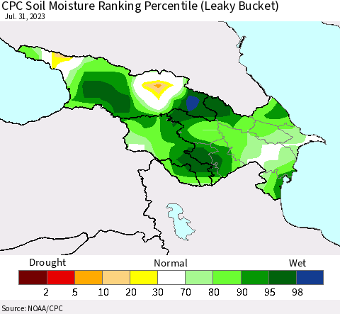 Azerbaijan, Armenia and Georgia CPC Soil Moisture Ranking Percentile (Leaky Bucket) Thematic Map For 7/26/2023 - 7/31/2023