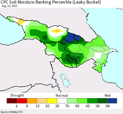 Azerbaijan, Armenia and Georgia CPC Soil Moisture Ranking Percentile (Leaky Bucket) Thematic Map For 8/6/2023 - 8/10/2023