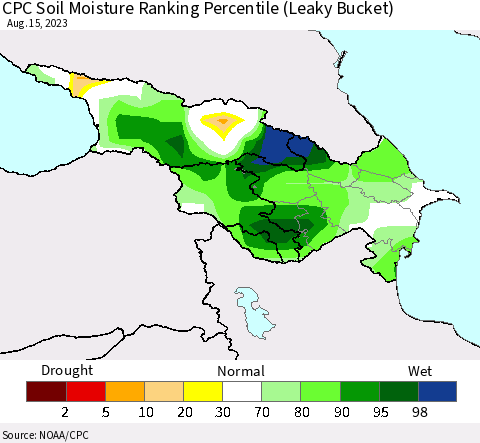 Azerbaijan, Armenia and Georgia CPC Soil Moisture Ranking Percentile (Leaky Bucket) Thematic Map For 8/11/2023 - 8/15/2023
