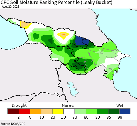 Azerbaijan, Armenia and Georgia CPC Soil Moisture Ranking Percentile (Leaky Bucket) Thematic Map For 8/16/2023 - 8/20/2023