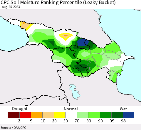 Azerbaijan, Armenia and Georgia CPC Soil Moisture Ranking Percentile (Leaky Bucket) Thematic Map For 8/21/2023 - 8/25/2023