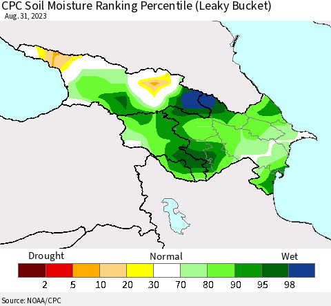 Azerbaijan, Armenia and Georgia CPC Soil Moisture Ranking Percentile (Leaky Bucket) Thematic Map For 8/26/2023 - 8/31/2023