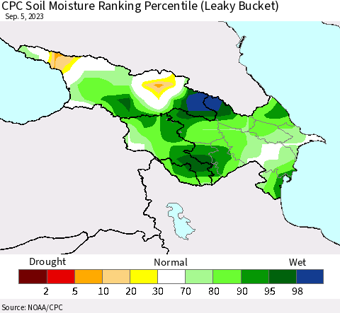 Azerbaijan, Armenia and Georgia CPC Soil Moisture Ranking Percentile (Leaky Bucket) Thematic Map For 9/1/2023 - 9/5/2023