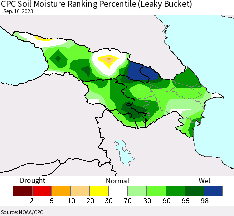 Azerbaijan, Armenia and Georgia CPC Soil Moisture Ranking Percentile (Leaky Bucket) Thematic Map For 9/6/2023 - 9/10/2023